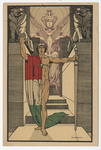 Postcard image of "La Gioventu Italica che vigila il sacro Tempio dell'Italia vittoriosa," or "The Italian youth who guards the sacred temple of victorious Itally" by Ezio Anichini