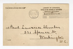 Postcard (recto): Library of Congress Copyright Department to Paul Laurence Dunbar by Ohio History Connection and Library of Congress