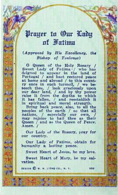 "Prayer to our Lady of Fatima holy card"